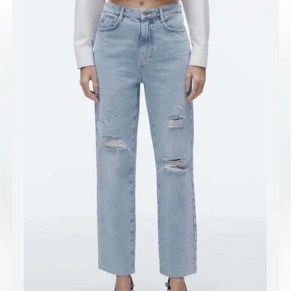 Zara High Rise Straight Leg Ripped Denim Jeans Ladies Size 6 - Picture 2 of 6
